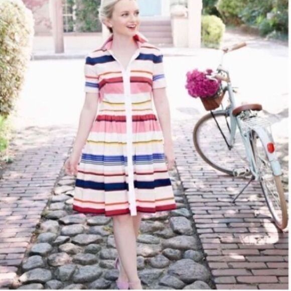 Kate Spade Women’s Size 00 Berber Fit and Flare Dress Pink Striped Button Up - Picture 5 of 13